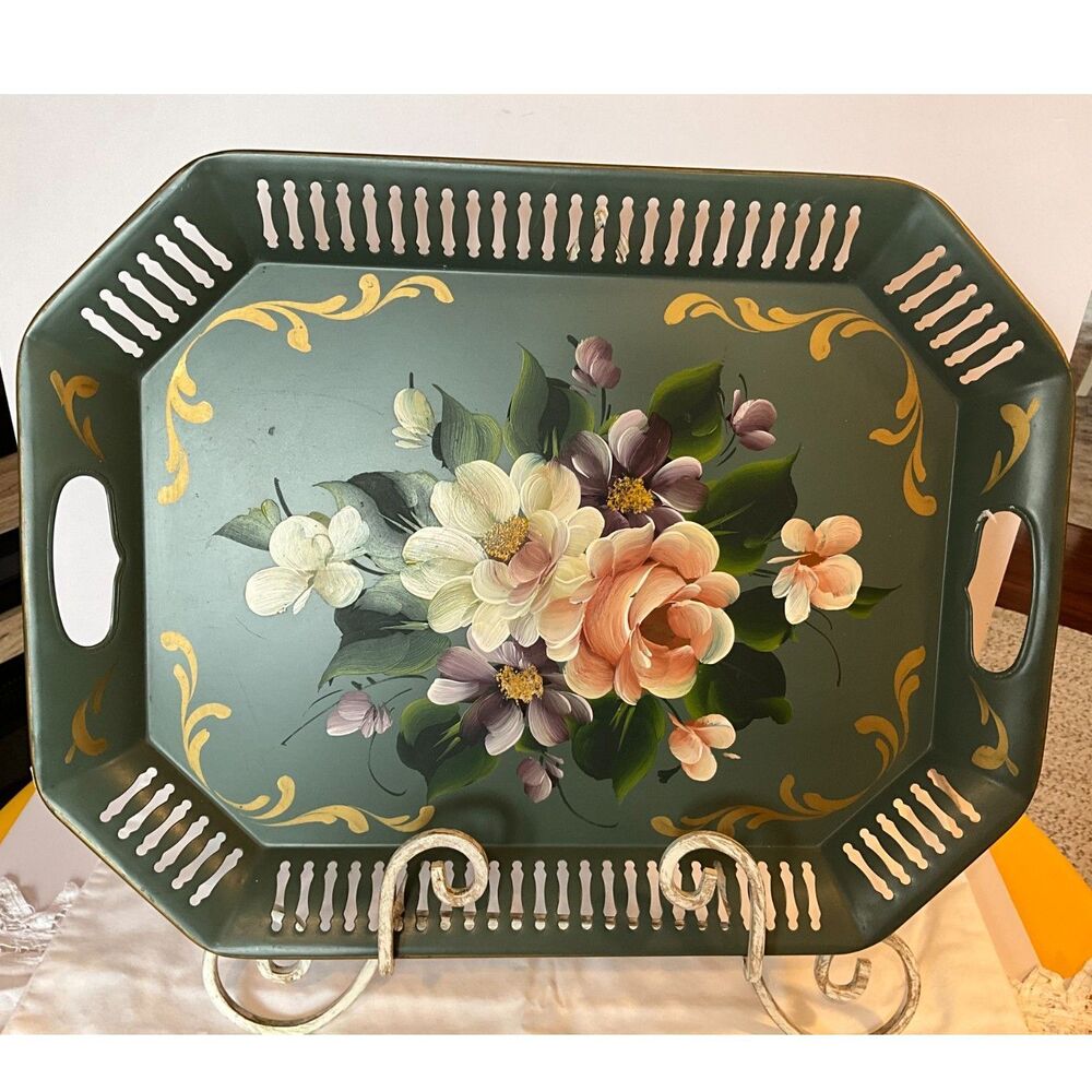 Hand Painted Floral Tole Tray; vintage Shabby Chic tole tray; beautiful floral